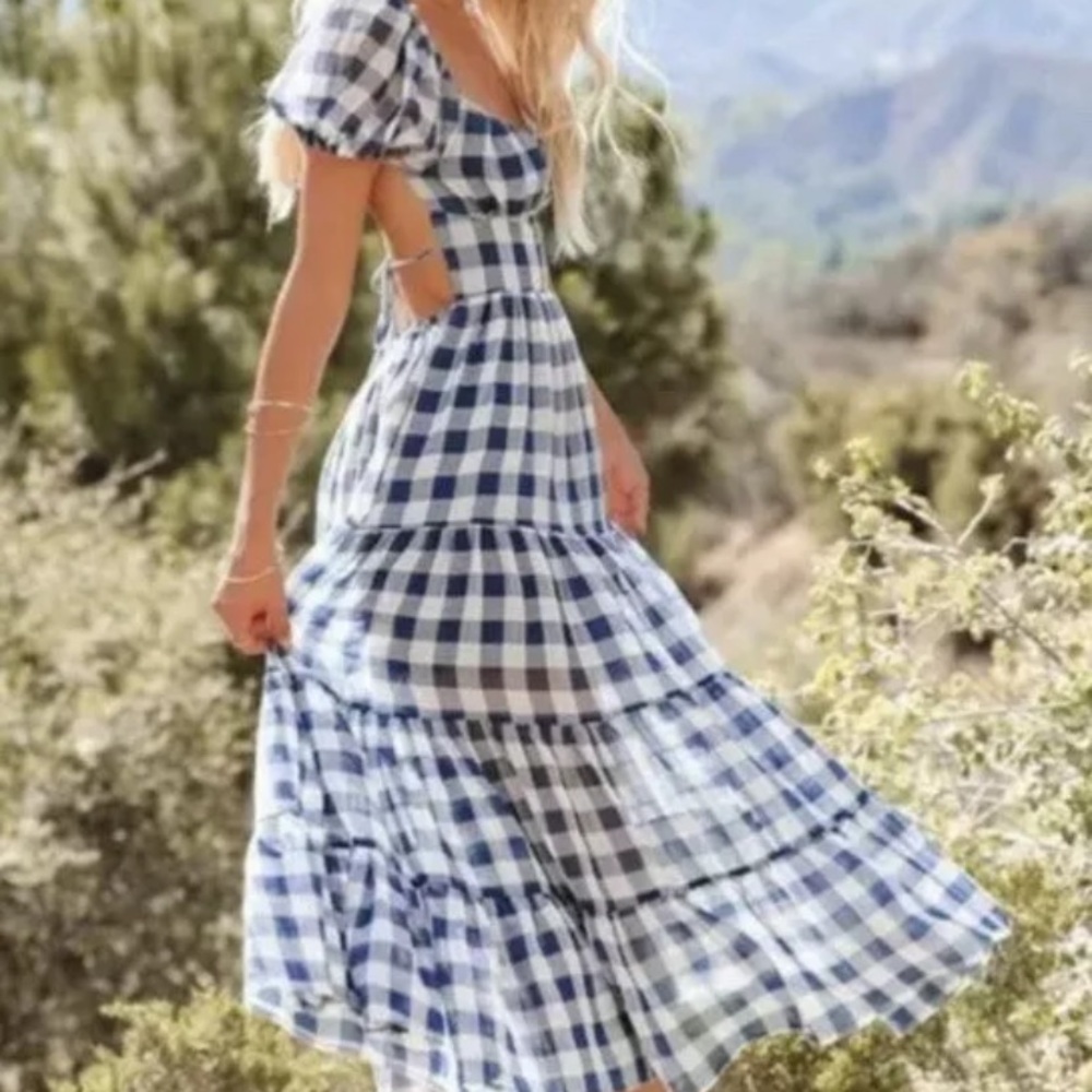 Mable Blue Plaid Open Back Puff Sleeve Mode Dress, Size M